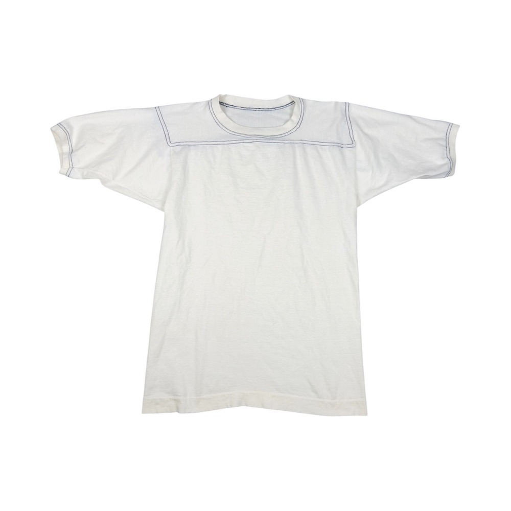 Vtg 70s 80s Football Jersey T-Shirt S Natural Navy Contrast Stitch USA Cotton